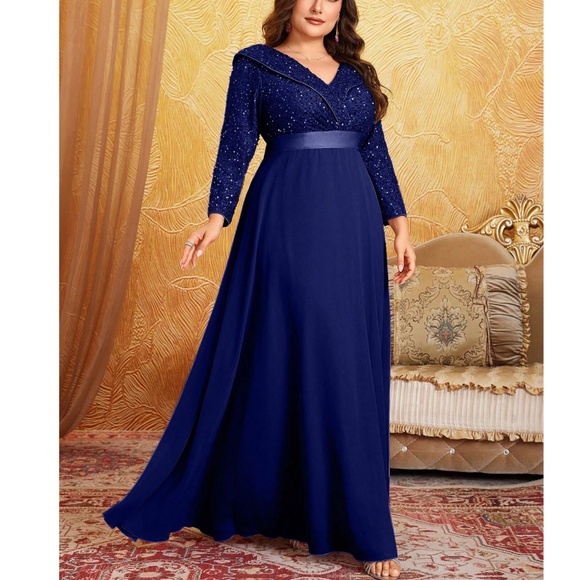 Plus Sequin V neck Party Evening Formal Wedding Flowy Dress - Picture 8 of 11